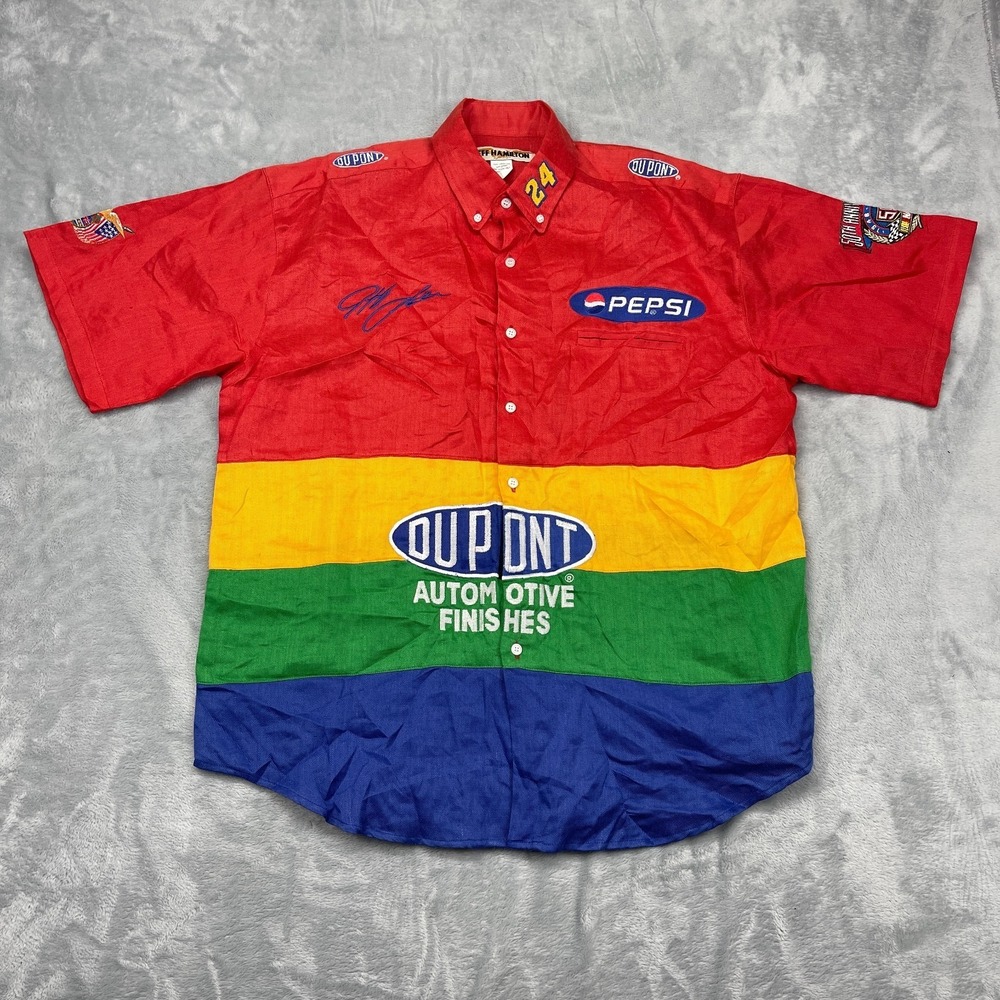 Jeff Hamilton NASCAR Racing Shirt Men L Multi Colorblock Jeff Gordon Button Down